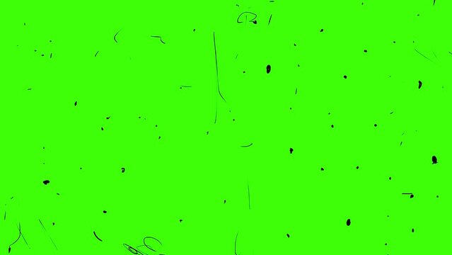 Black dots with scratches on the green screen. Minor damage to the film. Retro effect for overlay for clips and stories in social networks. 4k with alpha channel.