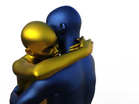 3D render portrait of golden woman and blue man hugging. 