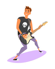Stylish guy plays the electric guitar. Young rock musician in a black t-shirt with skull having fun.