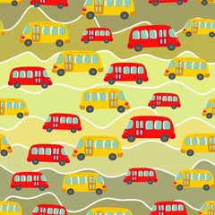 Seamless pattern with cute bus, car on color background. Cartoot transport. Vector illustration. Doodle style. Design for baby print, invitation, poster, card, fabric, textile