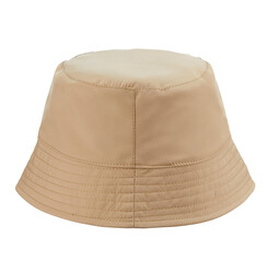 Beautiful fashionable panama hat made of beige textiles with narrow margins, isolated on a white background. - 500619762