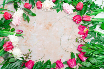 beautiful background with flowers . Spring summer border template floral background. Light air delicate artistic image, free space.