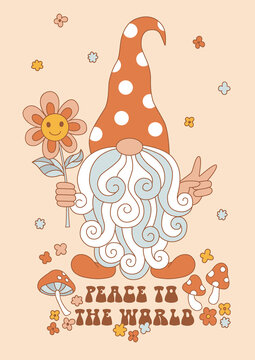 Hippie Groovy Dwarf with long beard show peace sign hold smile face flower vector illustration. Peace to the world phrase. Retro 70s 60s fairy flower power vibes Gnome poster.