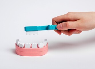 Fototapeta na wymiar Hand cleaning teeth in jaw model with brush. Dental whitening, kids oral hygiene, prevention cavity and gum disease concept. Children toy. High quality photo