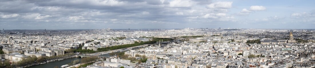 Obraz premium Paris, France, Europe: aerial view from the top of the Eiffel Tower with river Seine, Montmartre hill and Basilica of the Sacred Heart until the Saint Louis cathedral in the Les Invalides complex 