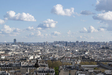 Paris, France, Europe: aerial view of the skyline seen from the top of Montmartre, a large hill in Paris's 18th arrondissement which is the highest point in the city  - obrazy, fototapety, plakaty