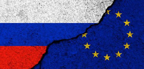 Russia and Europe union flags background. Diplomacy and political, conflict and competition, partnership and cooperation concept photo