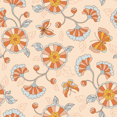 Retro 70s 60s Floral Hippie Summer Groovy Flower Power Flower Child vector seamless pattern. Boho Summer retro colours flower bouquet pink background surface design.