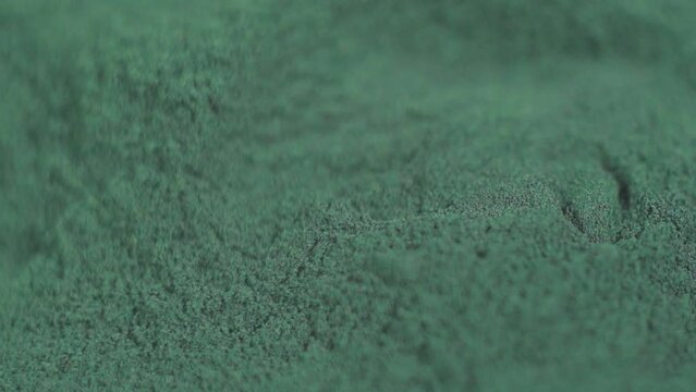 Spirulina algae powder close up. Superfood concept. Macro photography. Selective focus