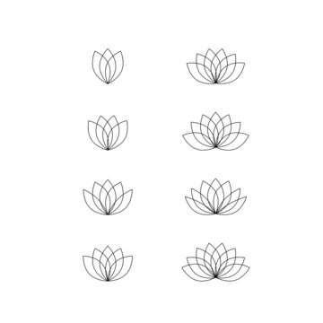 Lotus flower outline logo collection, black linear isolated on white. Illustration, water lily emblem for salon, spa, wedding card or cosmetic product. Eco and vegan concept. 
