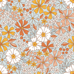 Retro 70s 60s Floral Hippie Summer Groovy Flower Power Flower Child vector seamless pattern. Boho Summer retro colours flower bouquet blue background surface design. © AngellozOlga