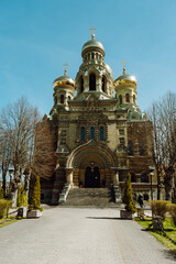 Fototapeta na wymiar LIEPAJA, LATVIA - APRIL 17, 2022: St. Nicholas Naval Orthodox Cathedral is located in Karosta on Katedrales street view from central entrance side.