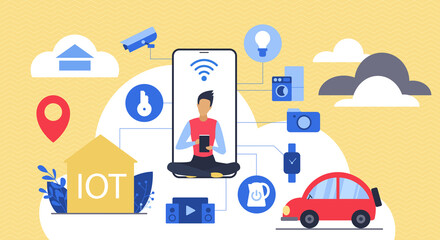 IOT, network technology and infrastructure. Tiny person with smart home app, control system, wireless connection and communication for future city flat vector illustration. Internet of things concept