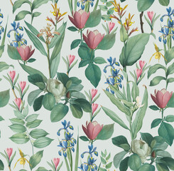 Elegance Seamless Pattern with Botanical Motifs / Vintage Botanical Atlas Style Pattern
