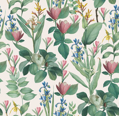 Fototapeta premium Elegance Seamless Pattern with Botanical Motifs / Vintage Botanical Atlas Style Pattern