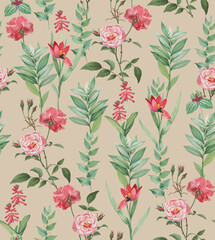 Elegance Seamless Pattern with Botanical Motifs / Vintage Botanical Atlas Style Pattern