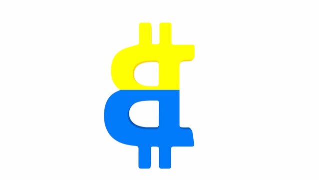 Bitcoin footage in the national colors of Ukraine. 3D rendering.
