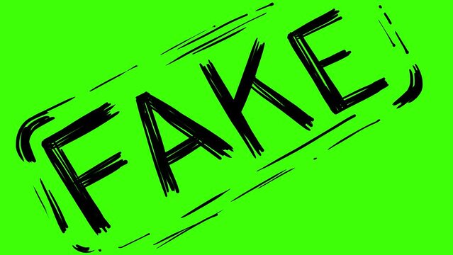 Print Fake in doodle style on a green screen. Animation of a cartoon icon with the refutation of false data. 4k with alpha channel.