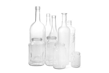set of bottles and jars on white background
