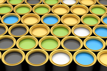 Set of open metal can or buckets of paint in row pattern on white background.