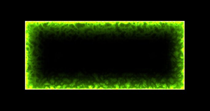 Rectangle, frame of energy, neon, smoke. green rectangle on a black background. Gradually, a neon square of energy appeared and a constant flicker in the rectangle. animation 4k, cartoon