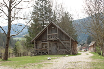 Rustic house of wood with pines and mountains in Slovenia. Wooden cabin. Nature and peace concept.