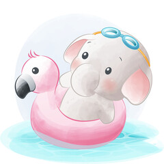 Cute Little Elephant On Flamingo Swim Tube