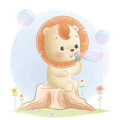 Cute baby lion sleeping in the basket cartoon illustration