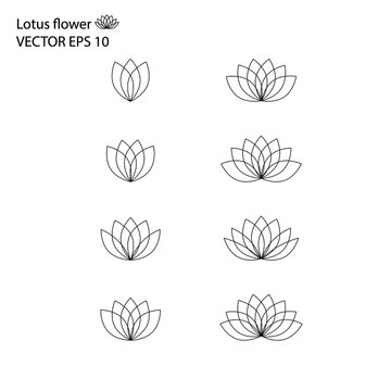 Lotus flower vector eps 10, outline logo, black linear icons  isolated on white background. Vector floral geometric shape, water lily emblem for salon, spa, wedding card or cosmetic product.