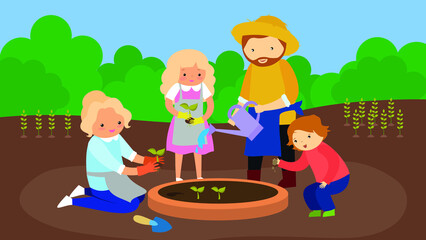 parents and children plant a garden