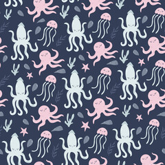 Seamless childish pattern with funny squids, octopuses, jellyfishes for nursery, baby shower, textile