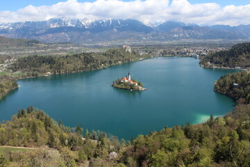 Lake with an island in the middle and green water in Bled, Slovenia