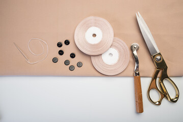 Hobby sewing different accessories. Scissors, needles, buttons
