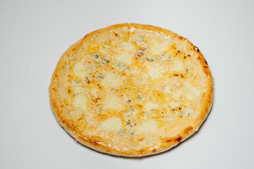 delicious hot pizza with chicken, mozzarella and tomatoes on a white background top view