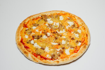 delicious hot pizza with chicken, mozzarella and tomatoes on a white background top view