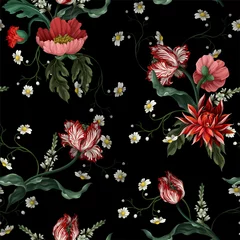 Fototapeten Seamless pattern with vintage flowers such as tulip, poppies and chamomiles. Classical vector wallpaper. © Yumeee
