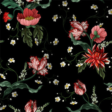 Seamless pattern with vintage flowers such as tulip, poppies and chamomiles. Classical vector wallpaper.