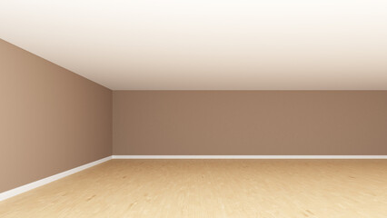 Empty Room Corner without Furniture, Frontal View. Interior Concept with Light Brown Walls, White Ceiling, Wooden Parquet Floor and a White Plinth. 3d illustration, 8K Ultra HD, 7680x4320, 300 dpi