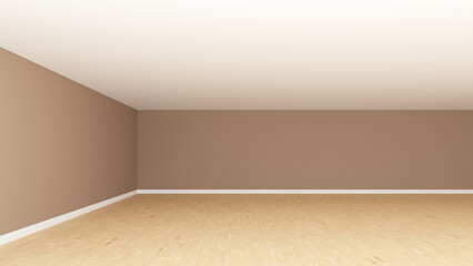 Naklejka premium Empty Room Corner without Furniture, Frontal View. Interior Concept with Light Brown Walls, White Ceiling, Wooden Parquet Floor and a White Plinth. 3d illustration, 8K Ultra HD, 7680x4320, 300 dpi