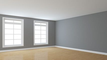 Empty Interior Corner with Grey Walls, Two White Windows, Light Glossy Parquet Floor and a White Plinth. Perspective View. 3d rendering with a Work Path on the Windows. 8K Ultra HD, 7680x4320, 300 dpi