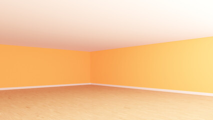Empty Interior Corner with Bright Orange Walls, White Ceiling, Light Parquet Floor and a White Plinth. Unfurnished Empty Room Concept. Perspective View. 3d illustration, Ultra HD 8K, 7680x4320