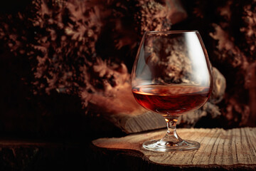 Snifter of brandy on an old dried stump.