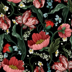 Foto op Canvas Seamless pattern with vintage flowers such as tulip, poppies and chamomiles. Classical vector wallpaper. © Yumeee