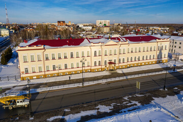Tobolsk in winter. Theological seminary on the Red Square. Aerial view.