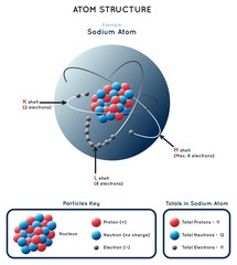 Atom Structure Infographic Diagram showing example of sodium atom including shells nucleus protons neutrons electrons with particle key and totals in sodium atom for chemistry science education vector - obrazy, fototapety, plakaty