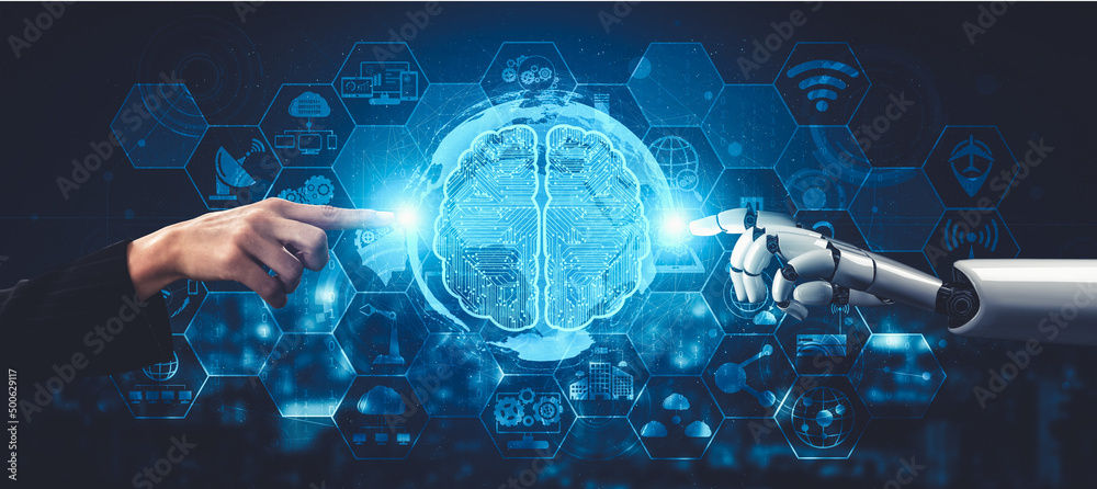 Poster 3d rendering artificial intelligence ai research of droid robot and cyborg development for future of