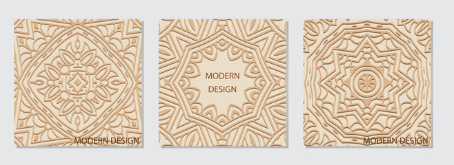 A set of vintage square embossed beige web banners with a geometric ethnic 3D pattern, a frame for text. Creativity of the peoples of the East, Asia, India, Mexico, Aztecs, Peru. Handmade style.