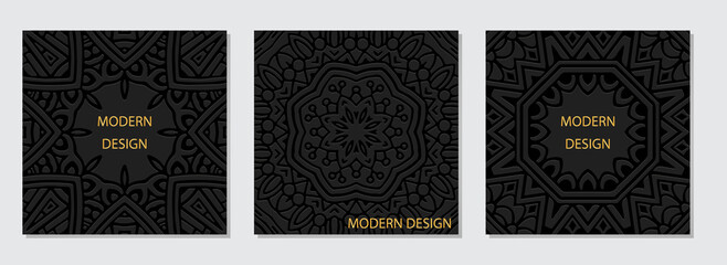 A set of vintage square embossed black web banners with a geometric ethnic 3D pattern, a frame for text. Creativity of the peoples of the East, Asia, India, Mexico, Aztecs, Peru. Handmade style.