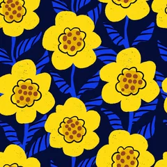 Foto op Aluminium Seamless pattern with blue and yellow simply flowers. Vector. © Yumeee