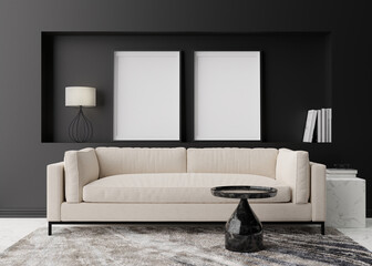 Two empty vertical picture frames on black wall in modern living room. Mock up interior in contemporary style. Free space for picture, poster. Sofa, table, carpet. 3D rendering.